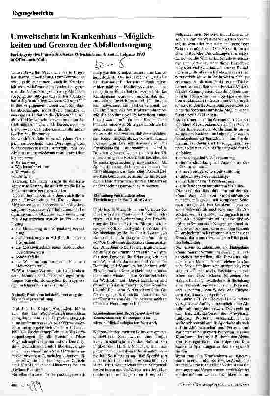 Vorschauseite 1: Umweltschutz im Krankenhaus - Möglichkeiten und Grenzen der Abfallentsorgung Fachtagung d. Umweltinstitutes am 4. /5. Februar 1993
