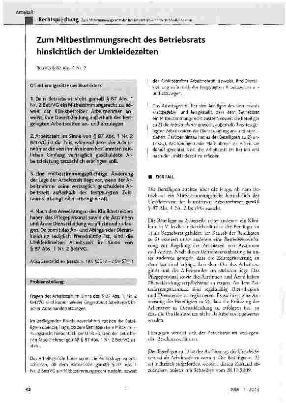 Vorschauseite 1: Zum Mitbestimmungsrecht des Betriebsrats hinsichtlich der UmkleidezeitenBetrVG § 87 Abs. 1 Nr. 2