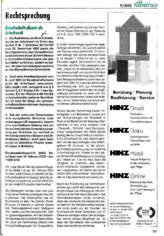 Vorschauseite 1: Bereitschaftsdienst als Arbeitszeit BAG, Beschlus vom 18. Februar 2003