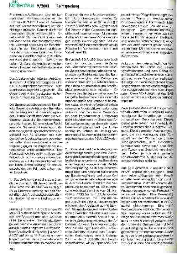 Vorschauseite 2: Bereitschaftsdienst als Arbeitszeit BAG, Beschlus vom 18. Februar 2003