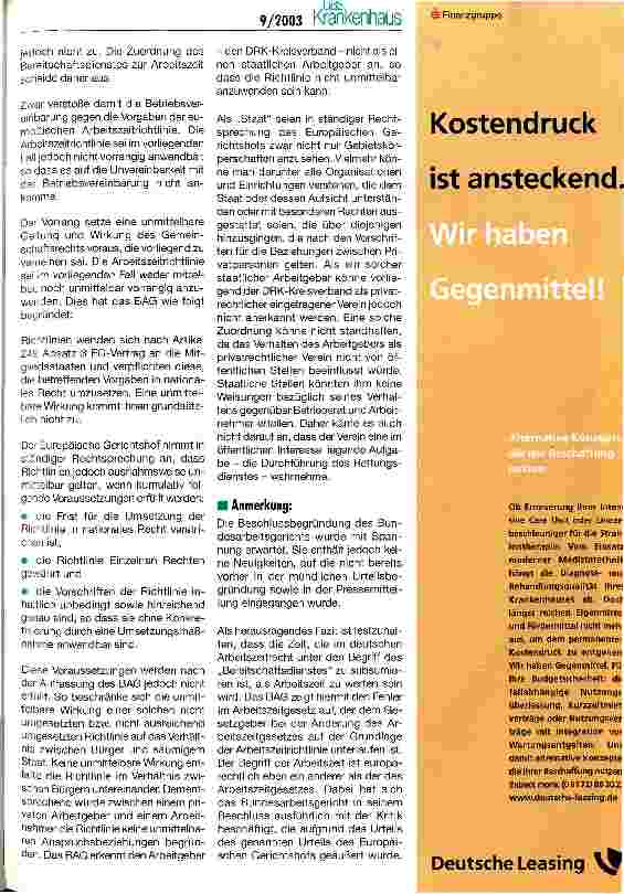 Vorschauseite 3: Bereitschaftsdienst als Arbeitszeit BAG, Beschlus vom 18. Februar 2003