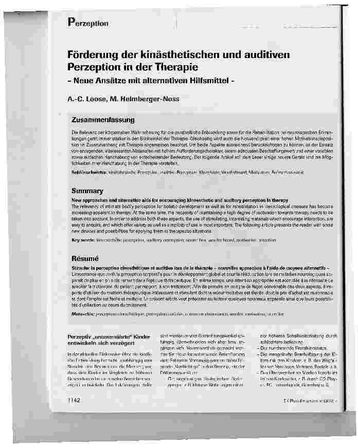 Vorschauseite 1: Förderung der kinästhetischen und auditiven Perzeption in der Therapie - Neue Ansätze mit alternativen Hilfsmittel -
