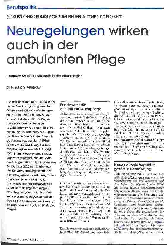 Vorschauseite 1: Neuregelungen wirken auch in der ambulanten Pflege Chancen für einen Aufbruch in der Altenpflege?