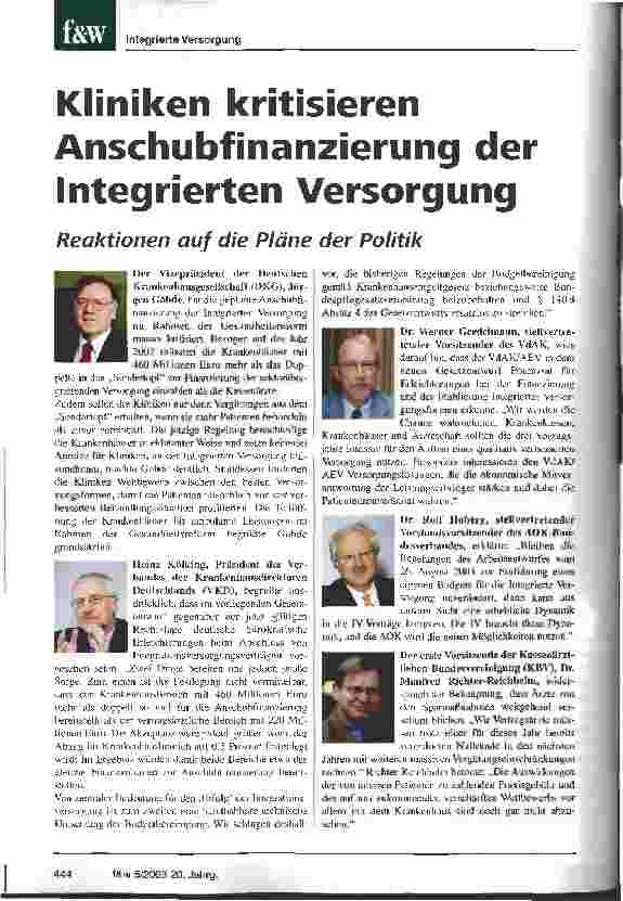 Vorschauseite 1: Kliniken kritisieren Anschubfinanzierung der Integrierten Versorgung Reaktionen auf die Pläne der Politik