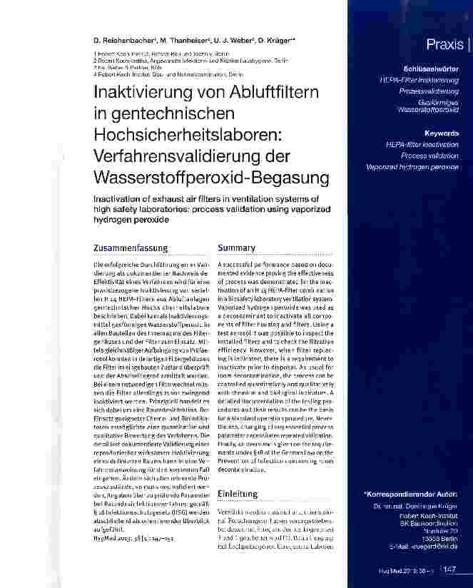 Vorschauseite 1: Inaktivierung von Abluftfiltern in gentechnischen Hochsicherheitslaboren: Verfahrensvalidierung der Wasserstoffperoxid-Begasung