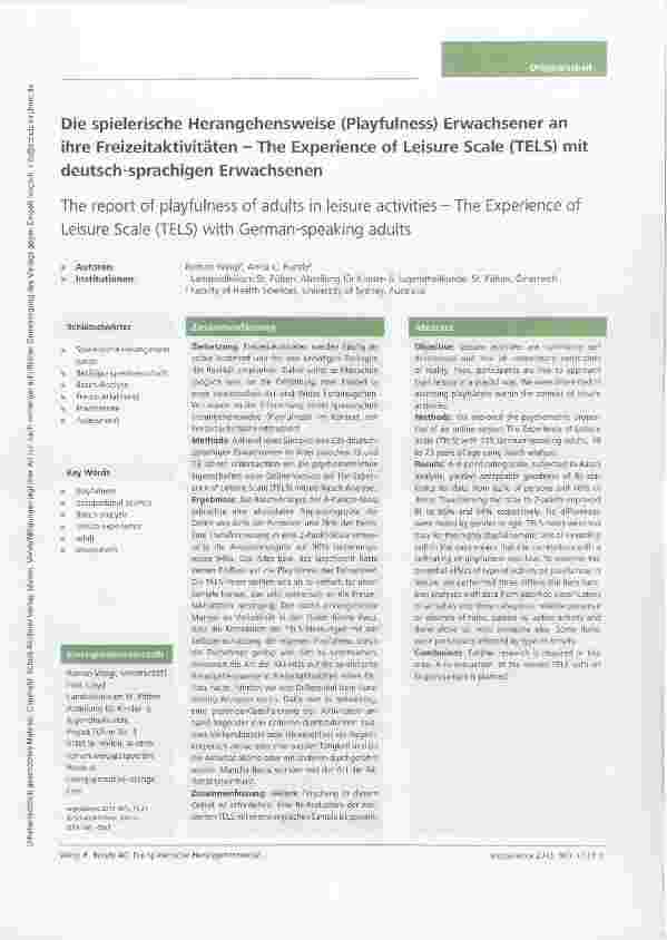Vorschauseite 1: Die spielerische Herangehensweise (Playfulness) Erwachsener an Ihre Freizeitaktivitäten The Experience of Leisure Scale (TELS) mit deutschsprachigen Erwachsenen