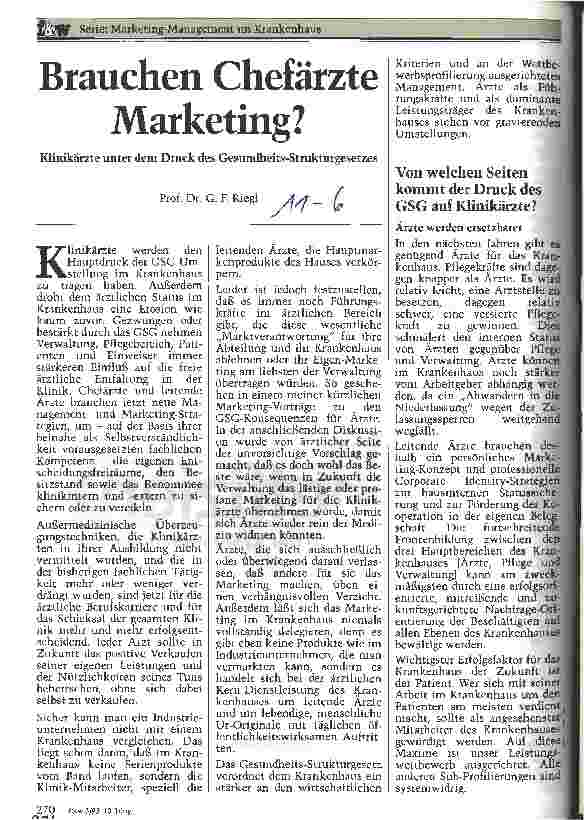 Vorschauseite 1: Brauchen Chefärzte Marketing? Klinikärzte unter dem Druck des GesundheitsStrukturGesetzes