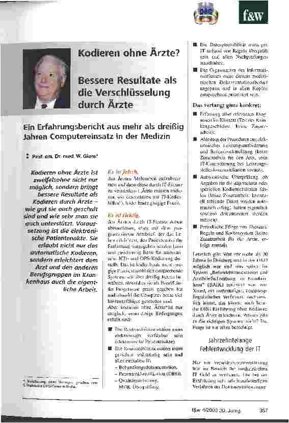 Vorschauseite 1: Kodieren ohne Ärzte? - Bessere Resultate als die Verschlüsselung durch Ärzte Ein Erfahrungsbericht aus mehr als dreißig Jahren Computereinsatz in der Medizin