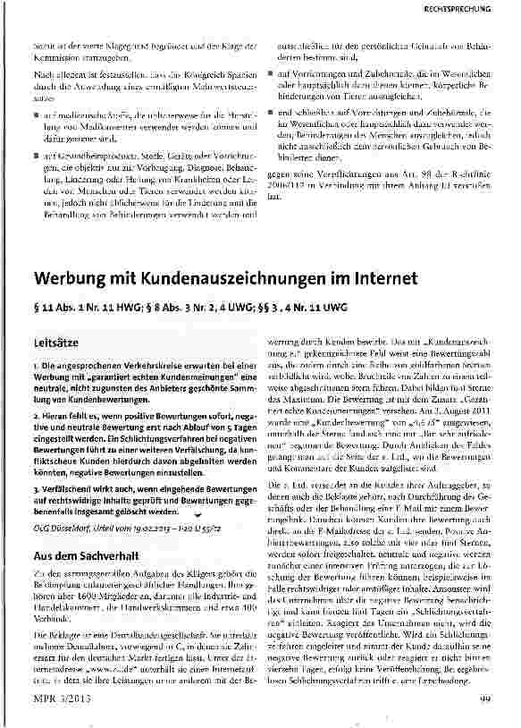 Vorschauseite 1: Werbung mit Kundenauszeichnungen im Internet § 11 Abs. 1 Nr. 11 HWG; § 8 Abs. 3 Nr. 2, 4 UWG; §§3,4 Nr. 11 UWG