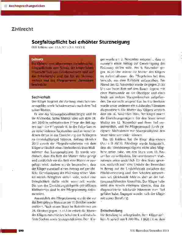 Vorschauseite 1: Sorgfaltspflicht bei erhöhter Sturzneigung OLG Koblenz vom 17.6.2013 (3 U 240/13)