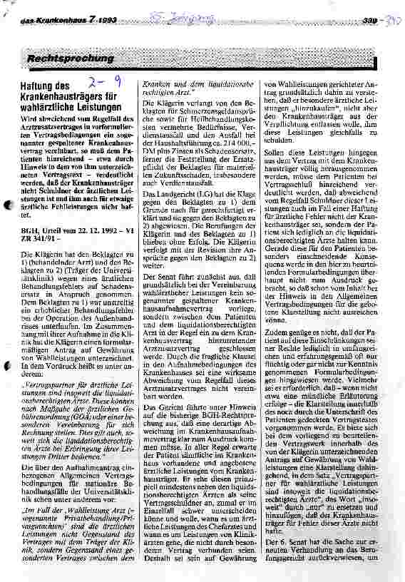 Vorschauseite 1: Haftung des Krankenhausträgers für wahlärztliche Leistungen BHG, Urteil vom 22.12.92 - VI ZR 341/91