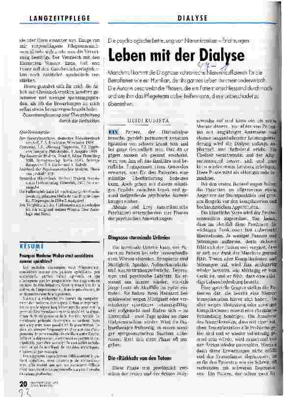 Vorschauseite 1: Leben mit der Dialyse Die psychische Betreuung von Nierenkranken - Erfahrungen