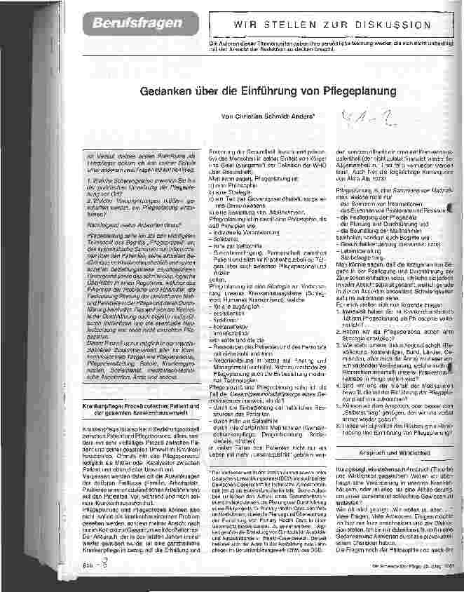 Vorschauseite 1: Gedanken über die Einführung von Pflegeplanung