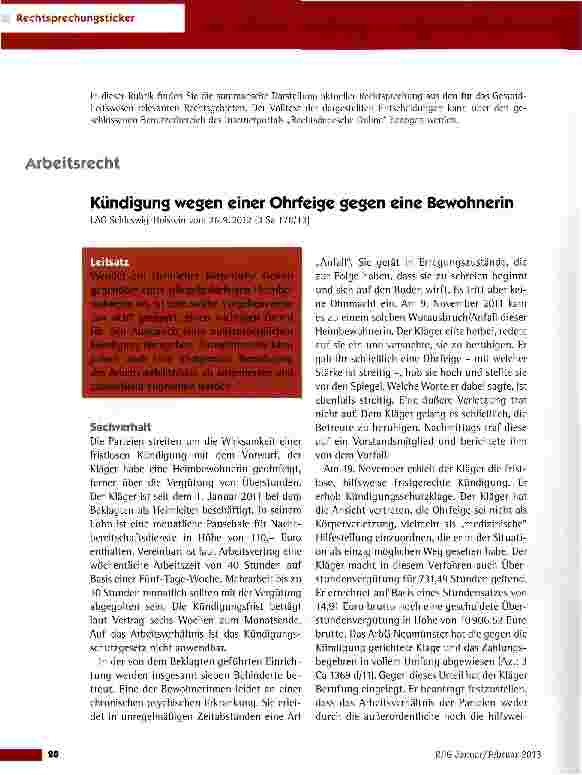 Vorschauseite 1: Kündigung wegen einer Ohrfeige gegen eine Bewohnerin LAG Schleswig-Holstein vom 26.9.2012 (3 Sa 178/12)