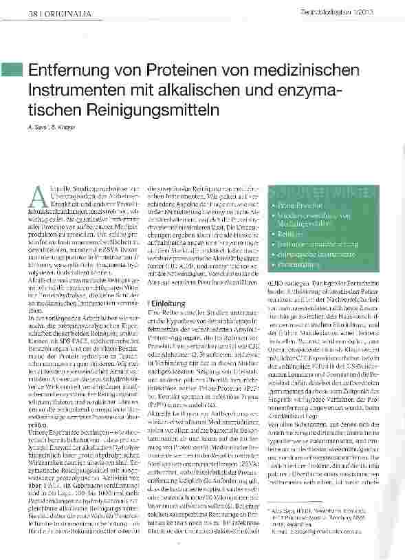Vorschauseite 1: Entfernung von Proteinen von medizinischen Instrumenten mit alkalischen und enzyma-tischen Reinigungsmitteln