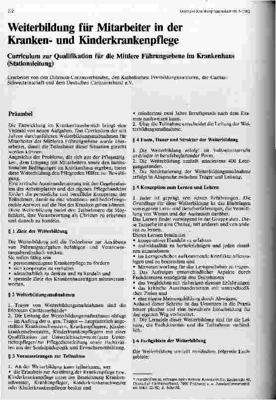 Vorschauseite 1: Weiterbildung für Mitarbeiter in der Kranken und Kinderkrankenpflege. Curriculum zur Qualifikation für die Mittlere Führungsebene im Krhs.