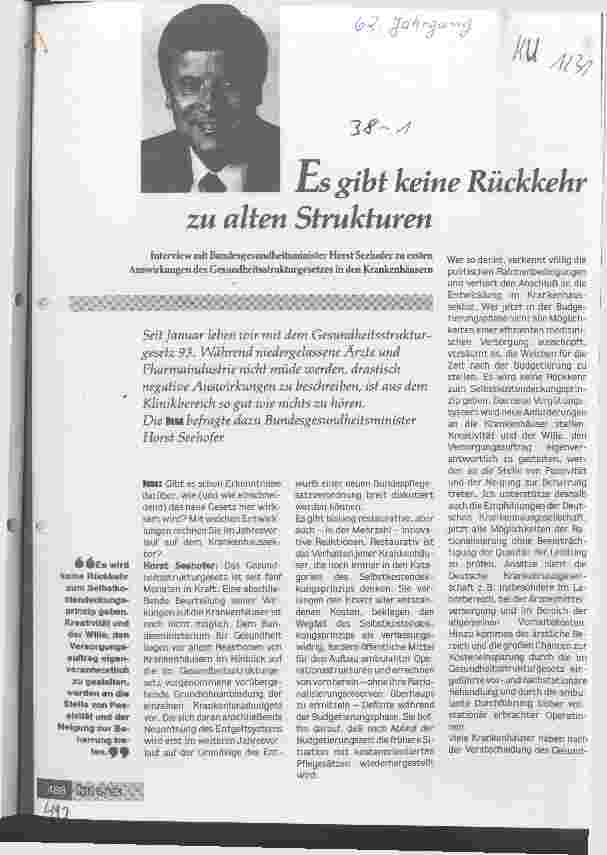 Vorschauseite 1: Es gibt keine Rückkehr zu alten Strukturen (GesundheitsStrukturGesetz) Interview mit Bundesgesundheitsminister Seehofer