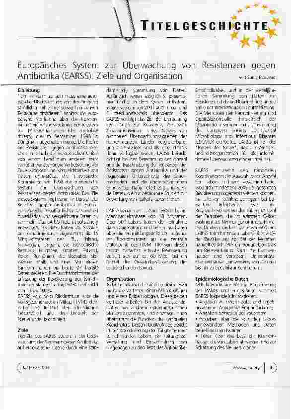 Vorschauseite 1: Europäisches System zur Überwachung von Resistenzen gegen Antibiotika (EARSS): Ziele und Organisation