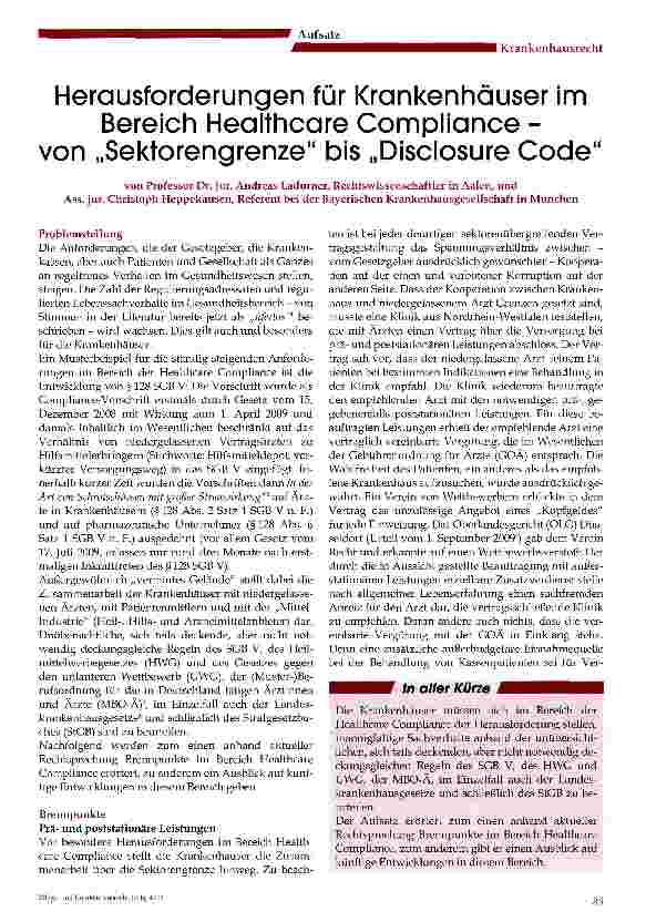 Vorschauseite 1: Herausforderungen für Krankenhäuser imBereich Healthcare Compliance -von „Sektorengrenze bis „Disclosure Code