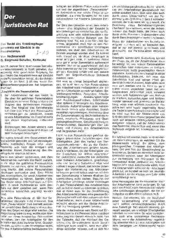 Vorschauseite 1: Der juristische Rat Das Recht des Krankenpflegepersonals auf Einsicht in die Personalakten