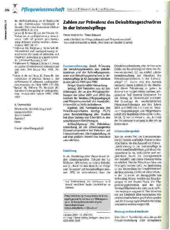 Vorschauseite 1: Zahlen zur Prävalenz des Dekubitusgeschwüres in der Intensivpflege