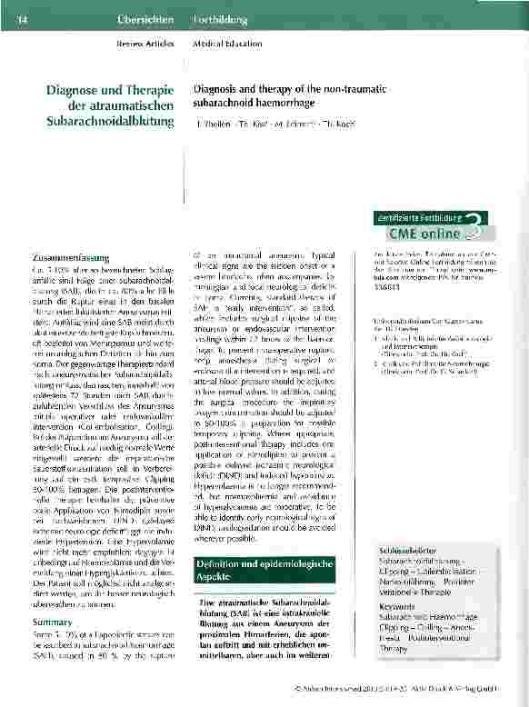 Vorschauseite 1: Diagnose und Therapie der atraumatischen Subarachnoidalblutung