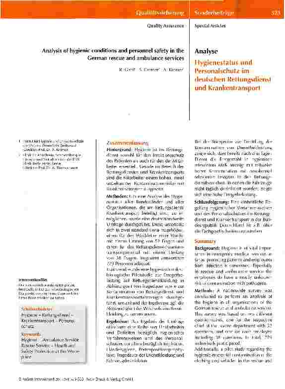 Vorschauseite 1: Hygienestatus und Personalschutz im deutschen Rettungsdienst und Krankentransport