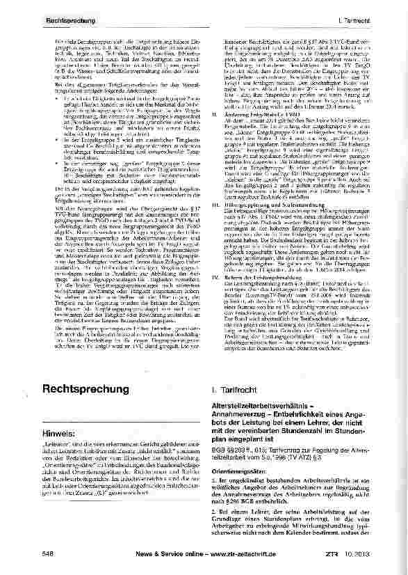 Vorschauseite 1: Altersteilzeitarbeitsverhältnis -Annahmeverzug - Entbehrlichkeit eines Angebots der Leistung bei einem Lehrer, der nicht mit der vereinbarten Stundenzahl im Stundenplan eingeplant…