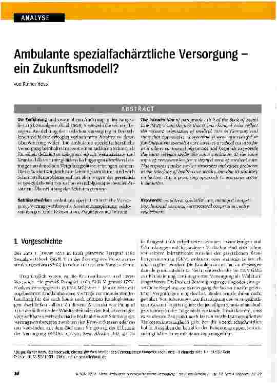 Vorschauseite 1: Ambulante spezialfachärztliche Versorgung ein Zukunftsmodell?