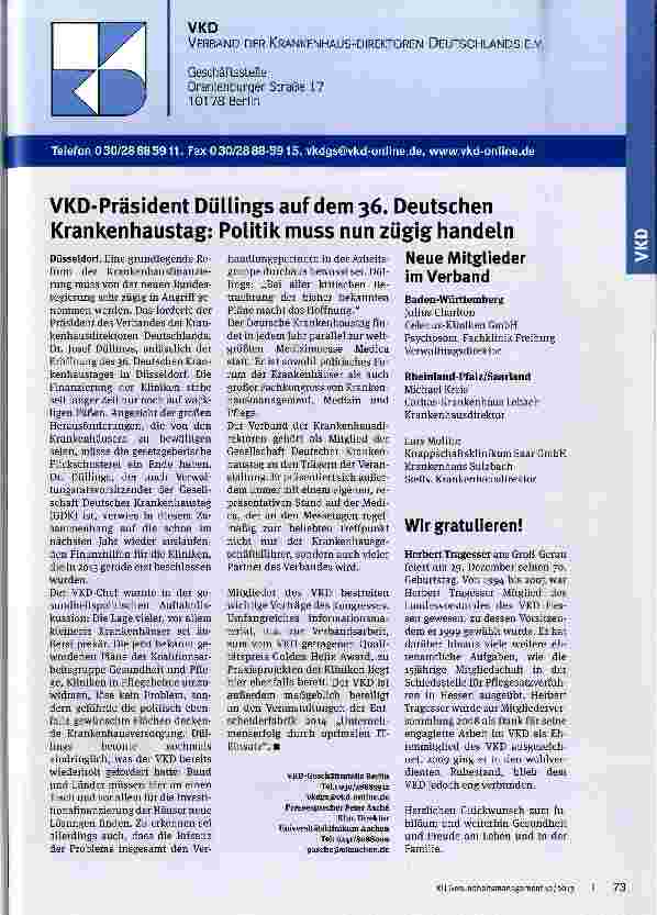 Vorschauseite 1: VKD-Präsident Düllings auf dem 36. Deutschen Krankenhaustag: Politik muss nun zügig handeln