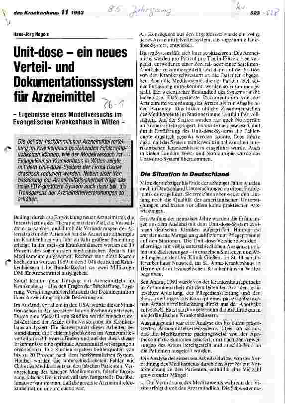 Vorschauseite 1: Unit-dose - ein neues Verteilund Dokumentationssystem für Arzneimittel Ergebnisse eines Modellversuchs im Evangelischen Krankenhaus in Witten