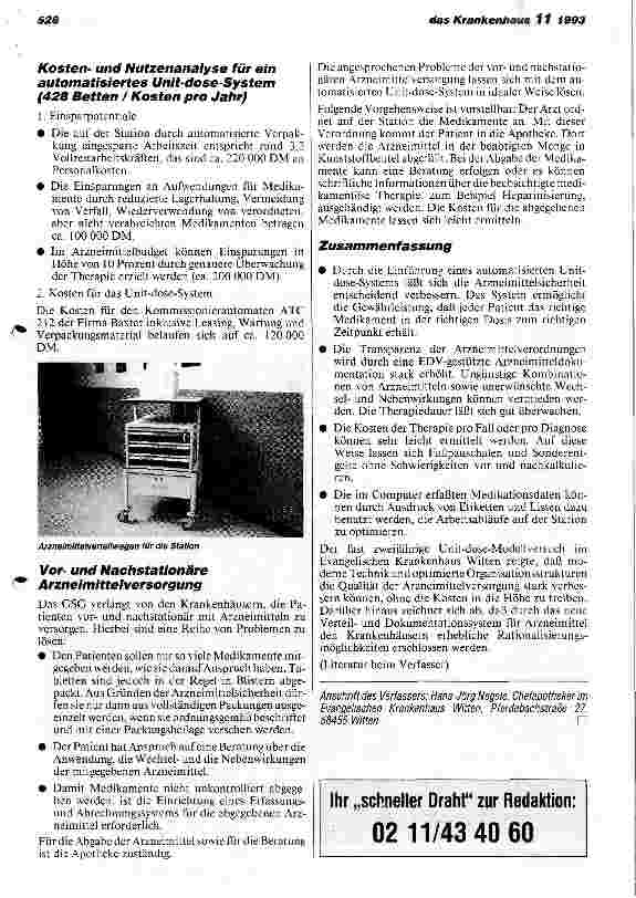 Vorschauseite 6: Unit-dose - ein neues Verteilund Dokumentationssystem für Arzneimittel Ergebnisse eines Modellversuchs im Evangelischen Krankenhaus in Witten