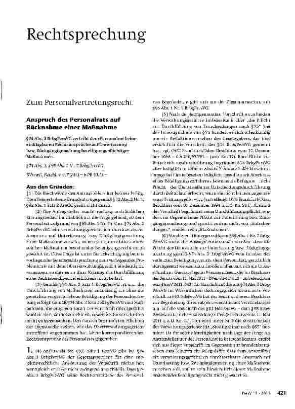 Vorschauseite 1: Anspruch des Personalrats auf Rücknahme einer Maßnahme § 74 Abs. 3 BrbgPersVG verleiht dem Personalrat keine einklagbaren Rechtsansprüche auf Unterlassung bzw. Rückgängigmachung b…