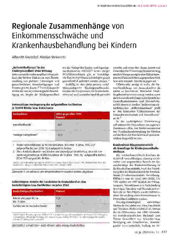 Vorschauseite 1: Regionale Zusammenhänge von Einkommensschwäche und Krankenhausbehandlung bei Kindern