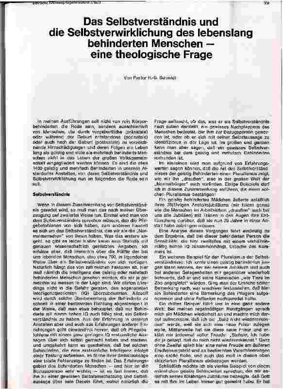 Vorschauseite 1: Das Selbstverständnis und die Selbstverwirklichung des lebenslang behinderten Menschen - eine theologische Frage