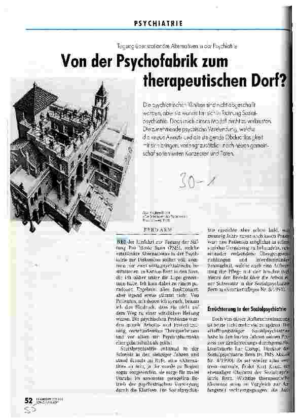 Vorschauseite 1: Von der Psychofabrik zum therapeutischen Dorf? Tagung über stationäre Alternativen in der Psychiatrie