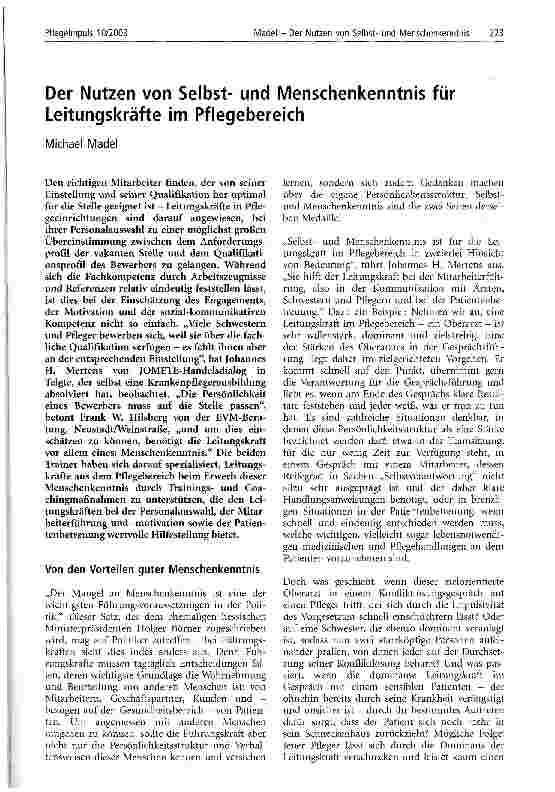 Vorschauseite 1: Der Nutzen von Selbstund Menschenkenntnis für Leitungskräfte im Pflegebereich