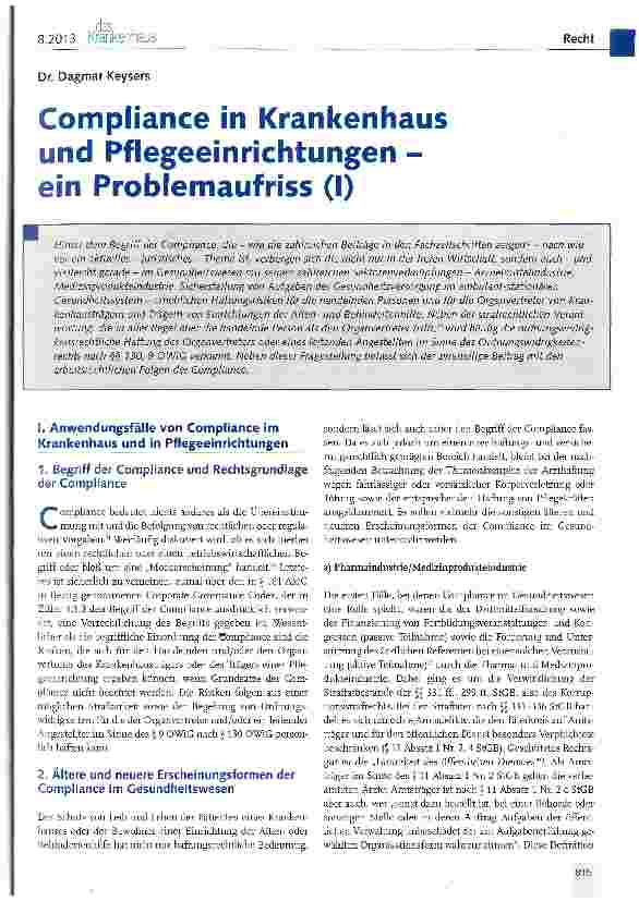 Vorschauseite 1: Compliance in Krankenhaus und Pflegeeinrichtungen -ein Problemaufriss (I)
