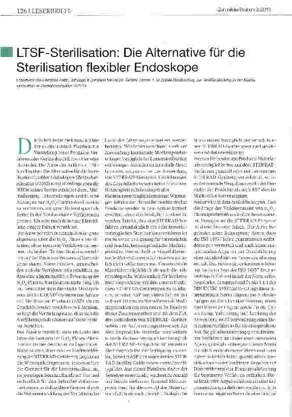 Vorschauseite 1: LTSF-Sterilisation: Die Alternative für die Sterilisation flexibler Endoskope