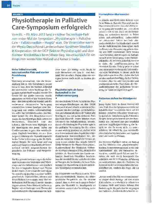 Vorschauseite 1: Physiotherapie in Palliative Care-Symposium erfolgreich