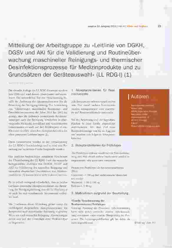 Vorschauseite 1: Mitteilung der Arbeitsgruppe zu »Leitlinie von DGKH, DGSV und AKI für die Validierung und Routineüberwachung nnaschineller Reinigungsund thermischer Desinfektionsprozesse für Medi…
