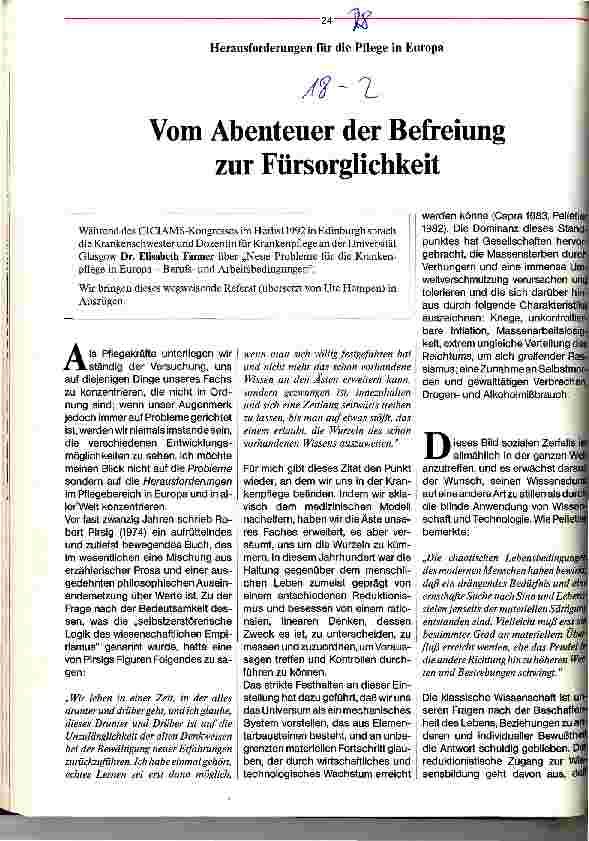 Vorschauseite 1: Vom Abenteuer der Befreiung zur Fürsorglichkeit Herausforderungen für die Pflege in Europa (Referat)
