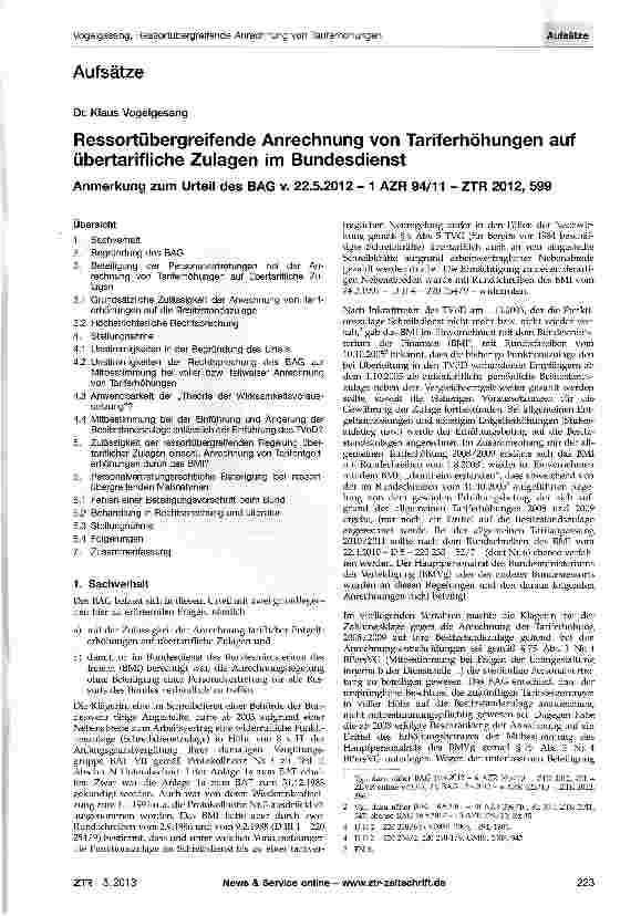 Vorschauseite 1: Ressortübergreifende Anrechnung von Tariferhöhungen auf übertarifliche Zulagen im Bundesdienst Anmerkung zum Urteil des BAG v. 22.5.2012 - 1 AZR 94/11 - ZTR 2012, 599
