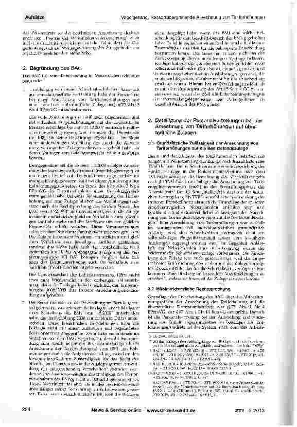 Vorschauseite 2: Ressortübergreifende Anrechnung von Tariferhöhungen auf übertarifliche Zulagen im Bundesdienst Anmerkung zum Urteil des BAG v. 22.5.2012 - 1 AZR 94/11 - ZTR 2012, 599