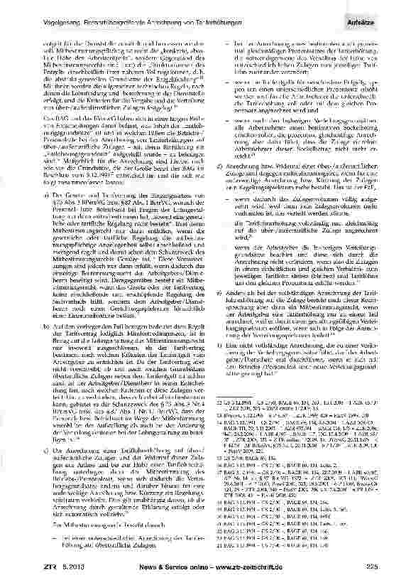 Vorschauseite 3: Ressortübergreifende Anrechnung von Tariferhöhungen auf übertarifliche Zulagen im Bundesdienst Anmerkung zum Urteil des BAG v. 22.5.2012 - 1 AZR 94/11 - ZTR 2012, 599