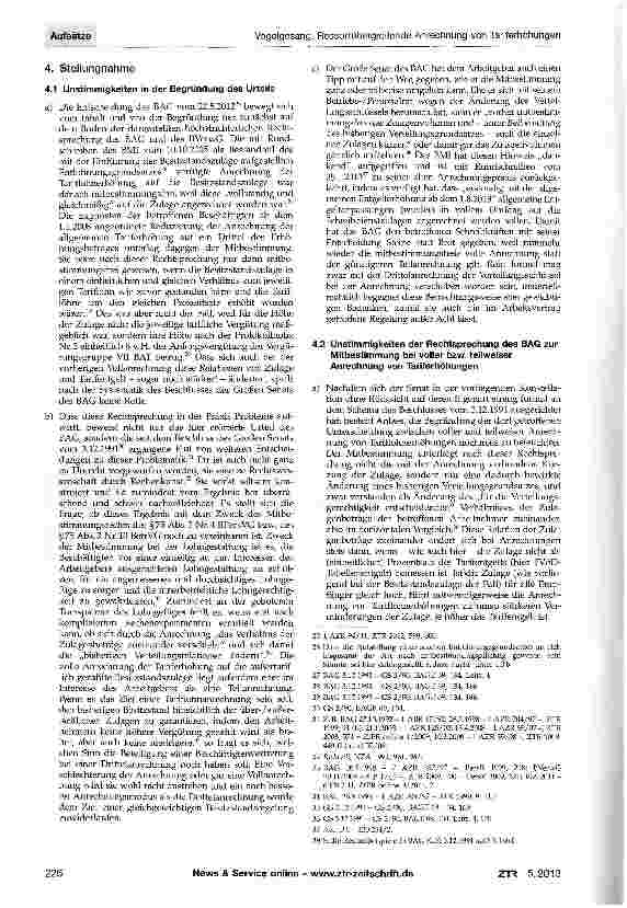 Vorschauseite 4: Ressortübergreifende Anrechnung von Tariferhöhungen auf übertarifliche Zulagen im Bundesdienst Anmerkung zum Urteil des BAG v. 22.5.2012 - 1 AZR 94/11 - ZTR 2012, 599