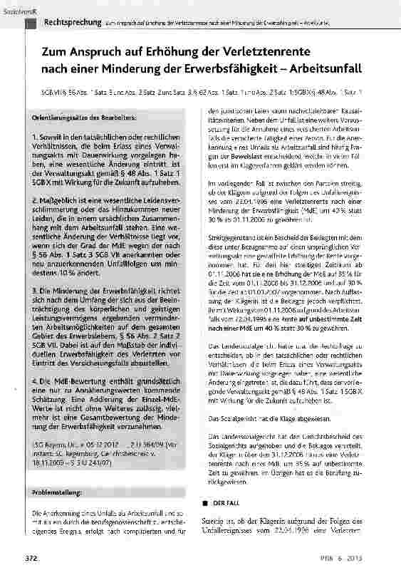 Vorschauseite 1: Zum Anspruch auf Erhöhung der Verletztenrente nach einer Minderung der Erwerbsfähigkeit - Arbeitsunfall SGBVII§ 56Abs. 1 Satz 3undAbs. 2Satz 2undSatz 3,§62Abs. 1 Satz lundAbs. 2Sa…