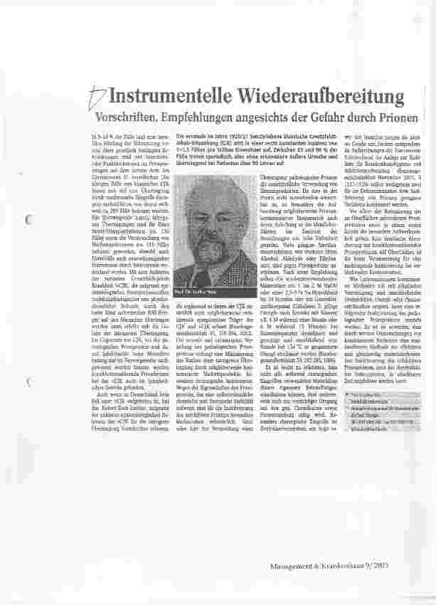 Vorschauseite 1: Instrumentelle Wiederaufbereitung Vorschriften, Empfehlungen angesichts de Gefahr durch Prionen