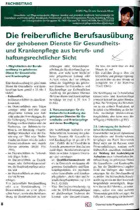 Vorschauseite 1: Die freiberufliche Berufsausübung der gehobenen Dienste für Gesundheitsund Krankenpflege aus berufsund haftungsrechtlicher Sicht