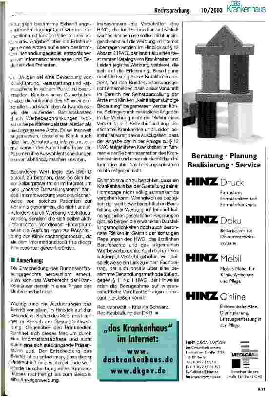 Vorschauseite 2: Klinikwerbung im Internet Beschluss des Bundesverfassungsgerichts vom 17. Juli 2003